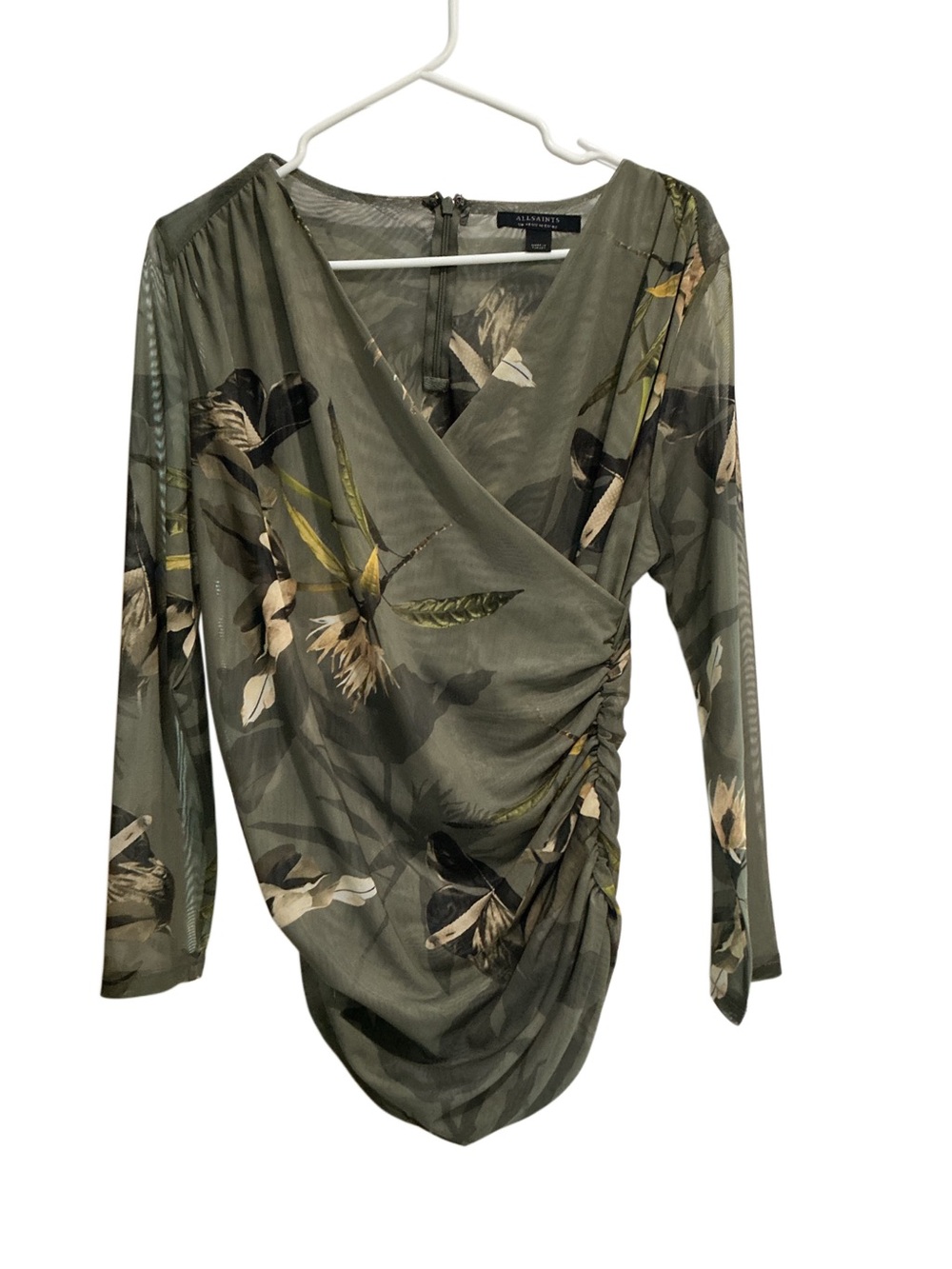 AllSaints Women’s Mesh Wrap Top Floral Hanako Print Long Sleeve Olive Green